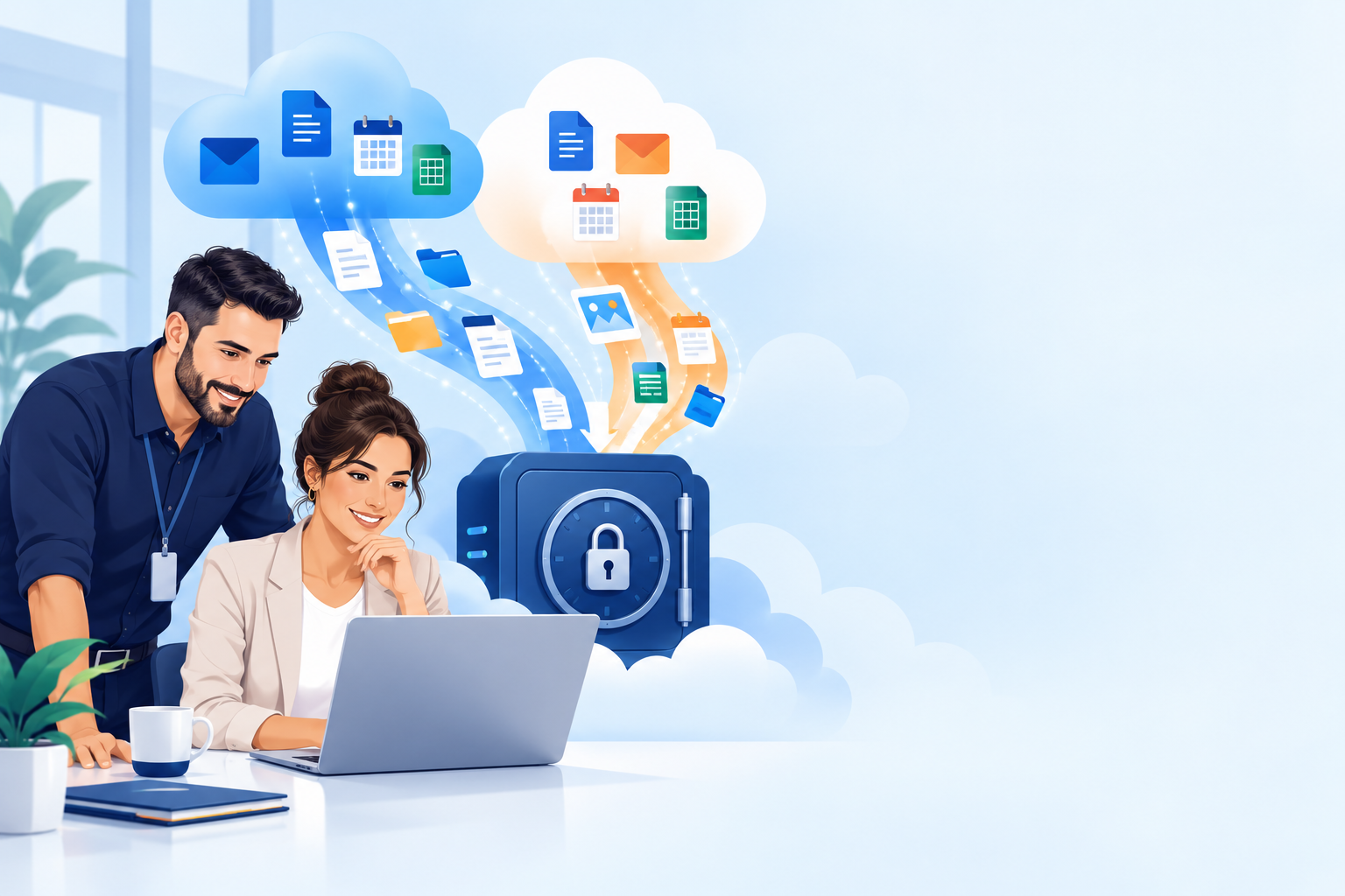 בעלי עסק ומנהל IT לצד המחשה של גיבוי עצמאי מ־Microsoft 365 ומ־Google Workspace