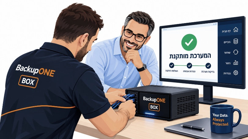 טכנאי BackupONE מתקין את מכשיר BOX אצל לקוח